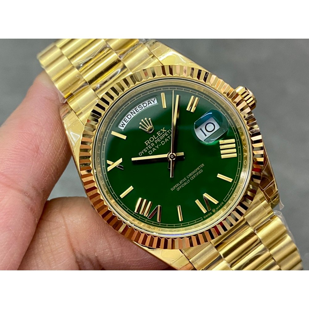 Rolex Day-Date 228238 Yellow Gold Green Crystal Dial Gain Weight President Bracelet 3255 Movement