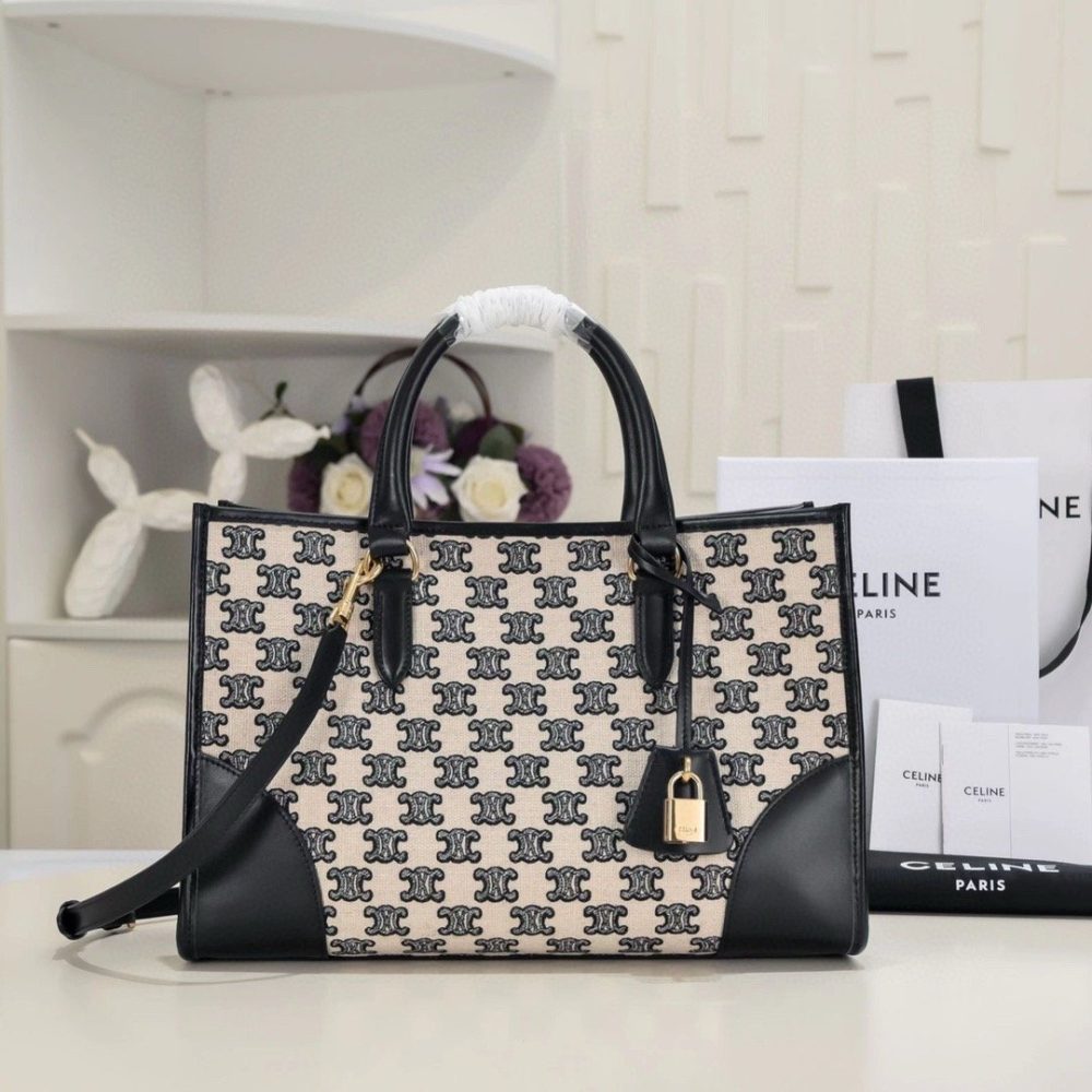 CABAS TRIOMPHE MINI HORIZONTAL BAG IN EMBROIDERED FABRIC AND COW LEATHER