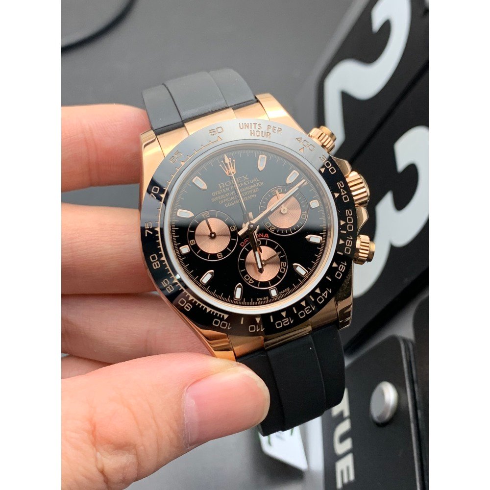 Rolex Daytona 116515LN Rose Gold Black Dial Rubber Strap Swiss 4130 Movement