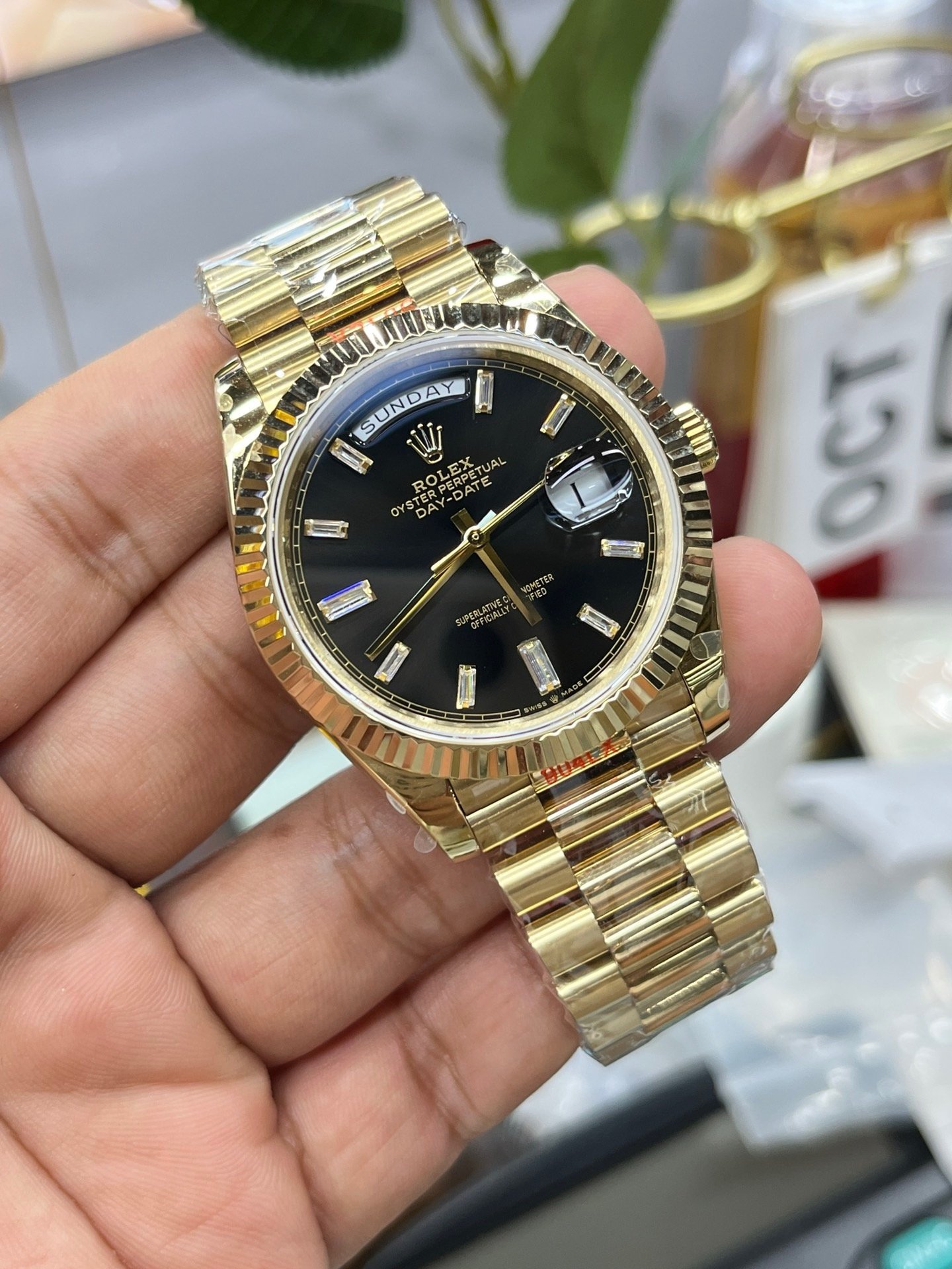 Rolex Day-Date 228238 Black Crystal Dial Yellow Gold President Bracelet Swiss 3255 Movement