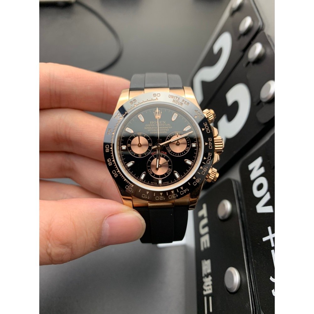 Rolex Daytona 116515LN Rose Gold Black Dial Rubber Strap Swiss 4130 Movement