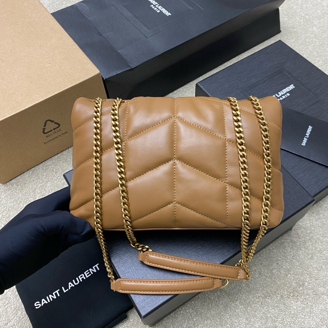 𝙇𝙤𝙪𝙇𝙤𝙪 𝙥𝙪𝙛𝙛𝙚𝙧～LOULOU PUFFER New Mini Double Chain Quilted Lambskin Bag Caramel Lambskin/Antique Gold 759337