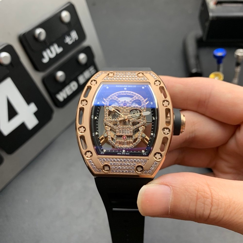Richard Mille RM 052 Men Automatic Diamonds Skull Dial Watch Stainless Steel