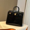 BK 25 Black Gold High Gloss Crocodile Hermès Handbag