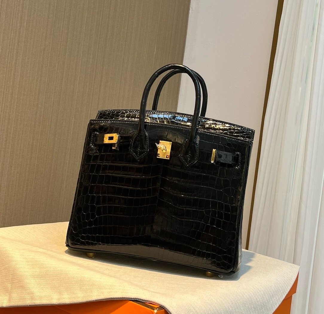 BK 25 Black Gold High Gloss Crocodile Hermès Handbag