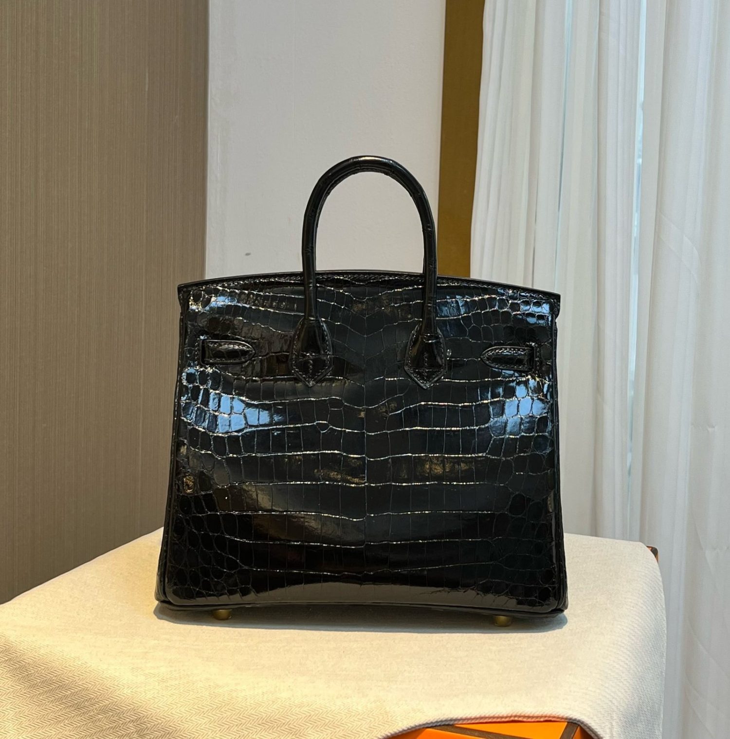 BK 25 Black Gold High Gloss Crocodile Hermès Handbag