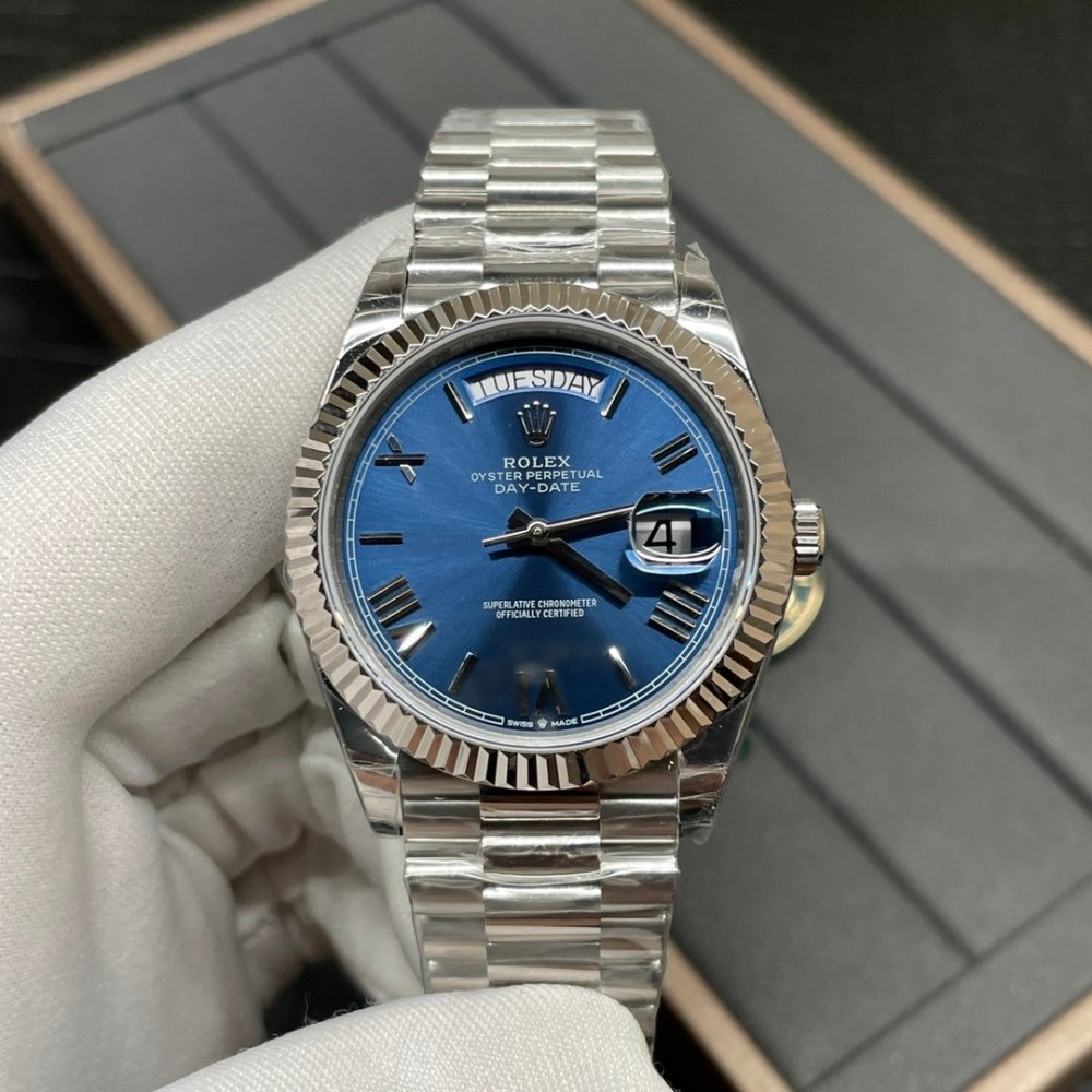 Rolex Day-Date 228206 Blue Roman Dial Steel White Gold Swiss Clone Movement