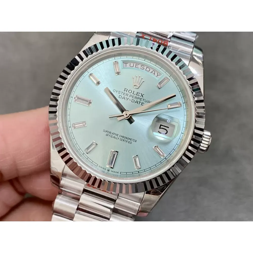 Rolex DayDate 228236 40mm GMF 1:1 Best Edition Ice Blue Dial Fluted Bezel on SS Bracelet A3255 or A2836 (Tungsten Heavy Version)