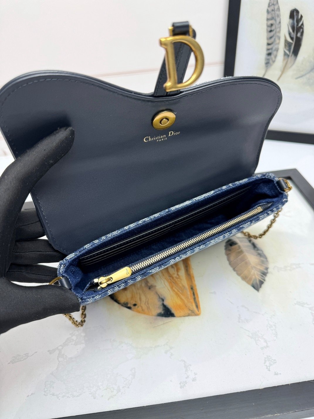 𝐃𝐢𝐨𝐫 Saddle chain handbag denim D fabric D6302