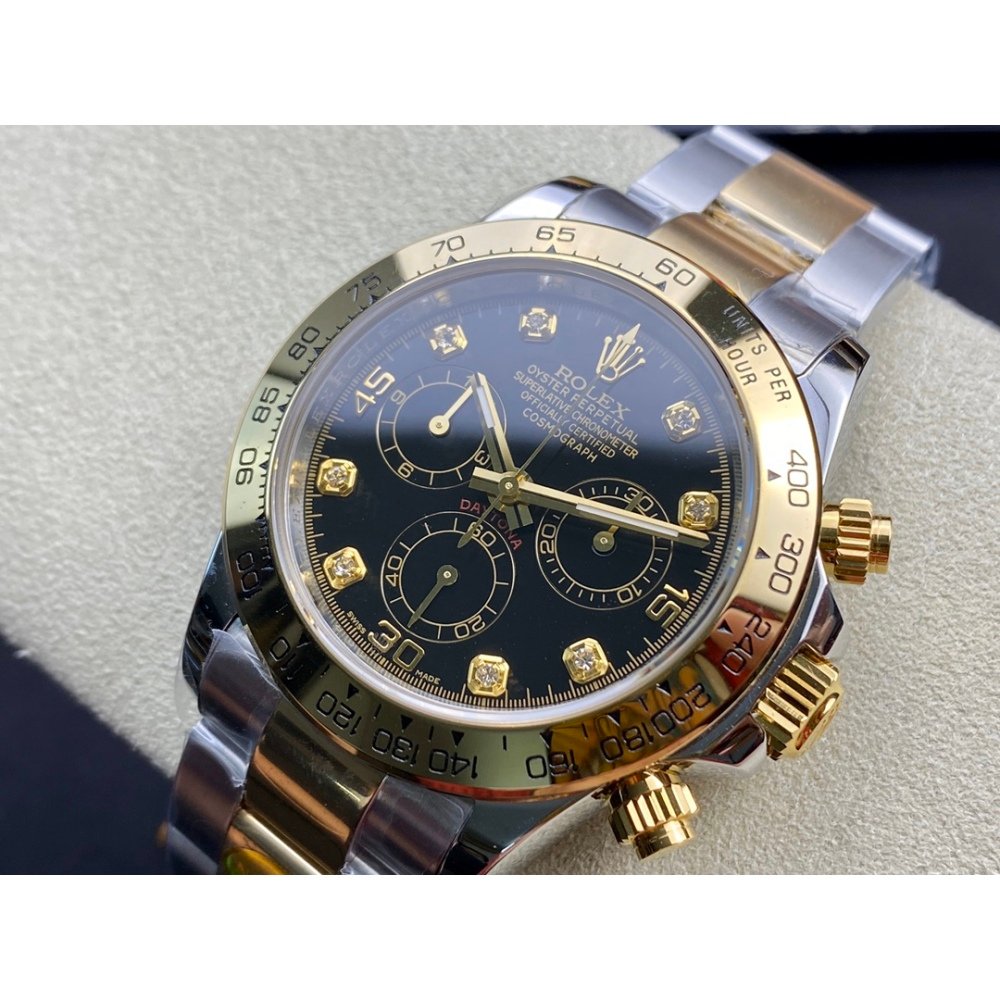 Rolex Daytona 116523 Yellow Gold Black Diamond Dial Two Tone A7750 Movement