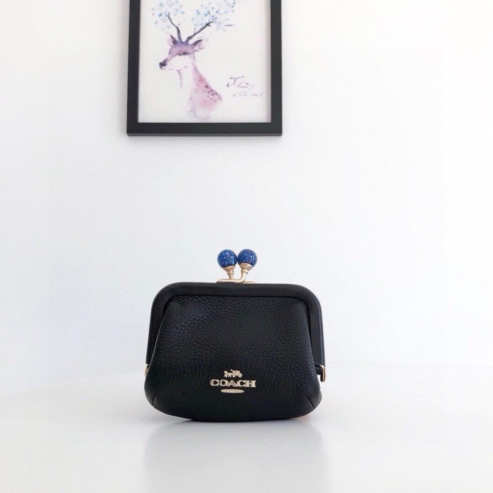 COACH prse kiss lock print solid color coin purse Black