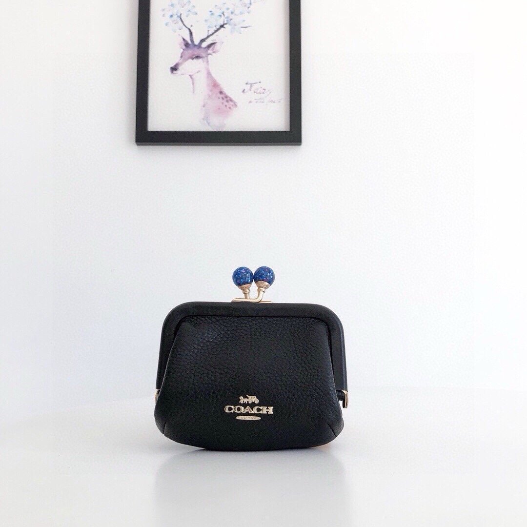 COACH prse kiss lock print solid color coin purse Black