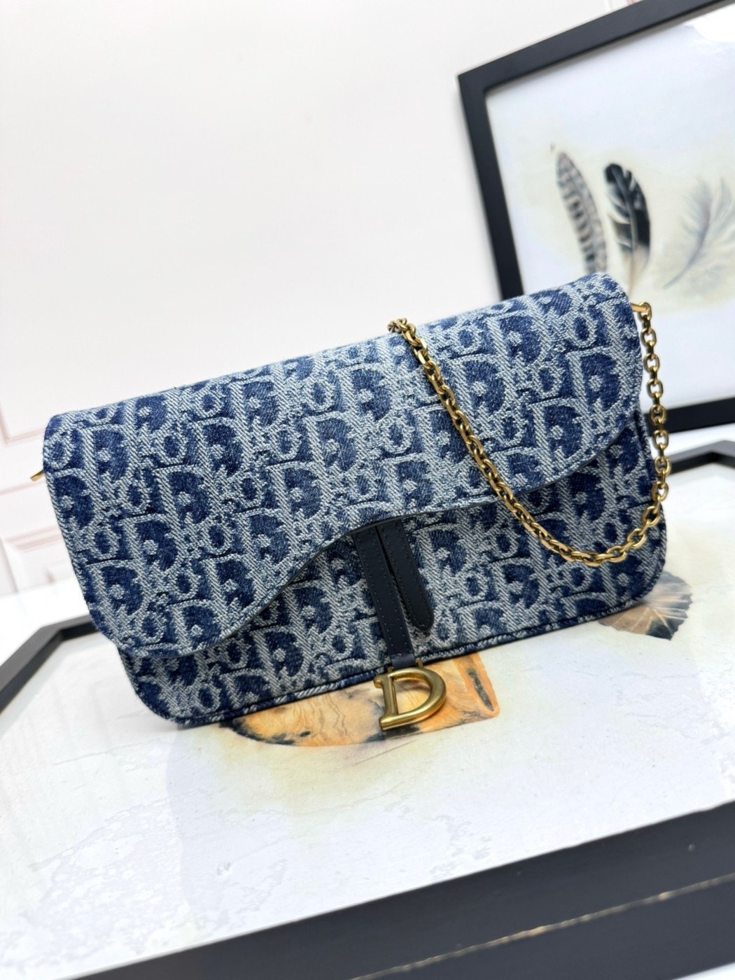 𝐃𝐢𝐨𝐫 Saddle chain handbag denim D fabric D6302