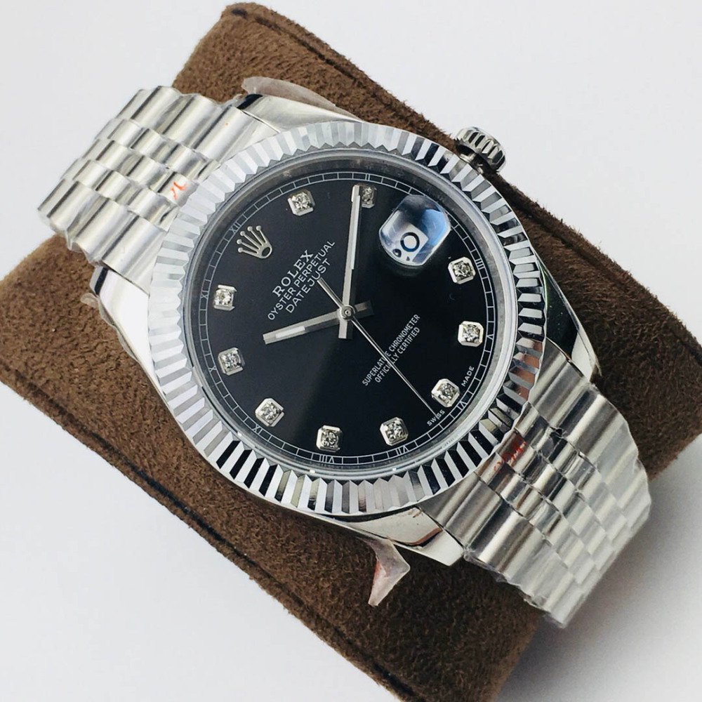 Rolex Datejust Black Dial Diamond White Gold Swiss Clone Movement