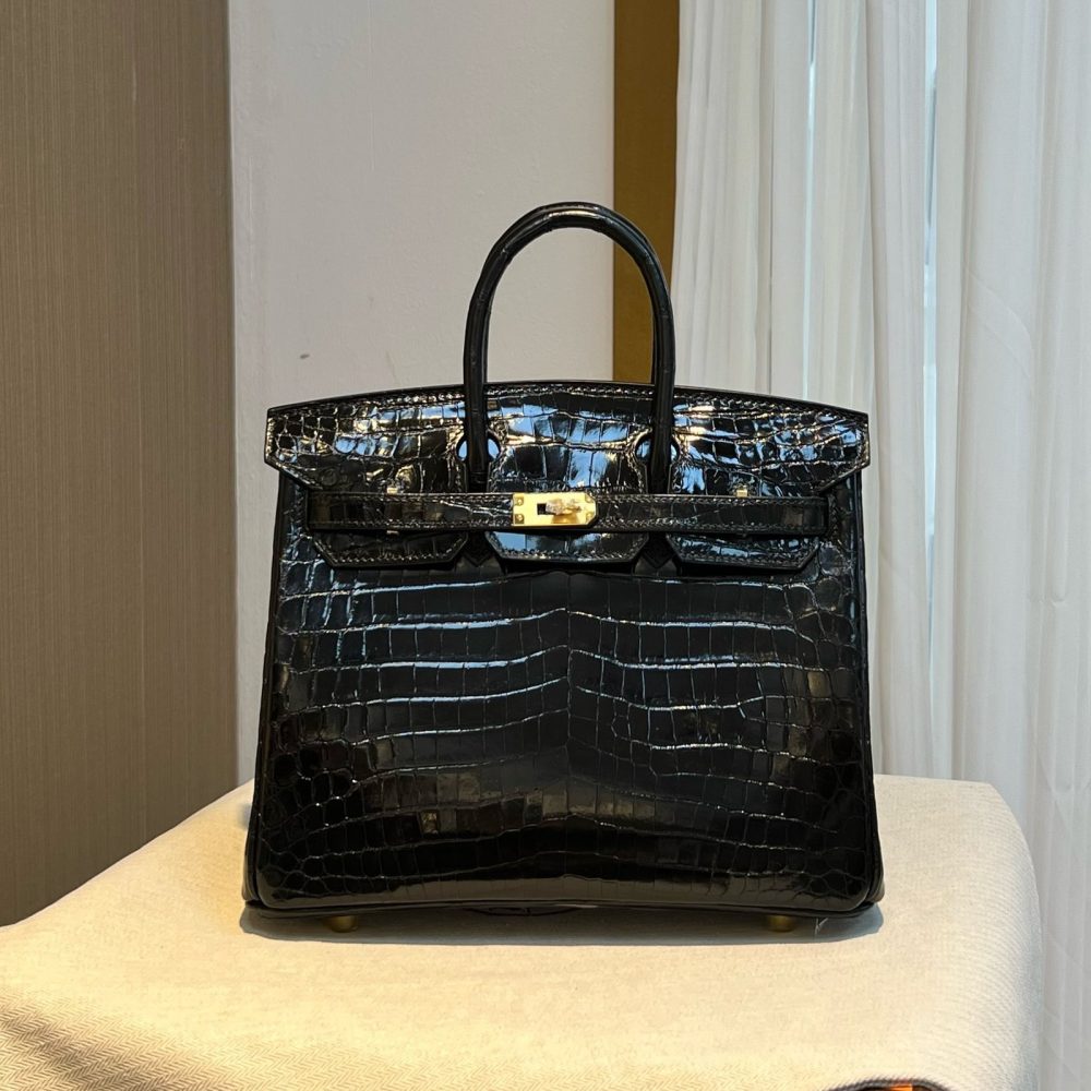 BK 25 Black Gold High Gloss Crocodile Hermès Handbag