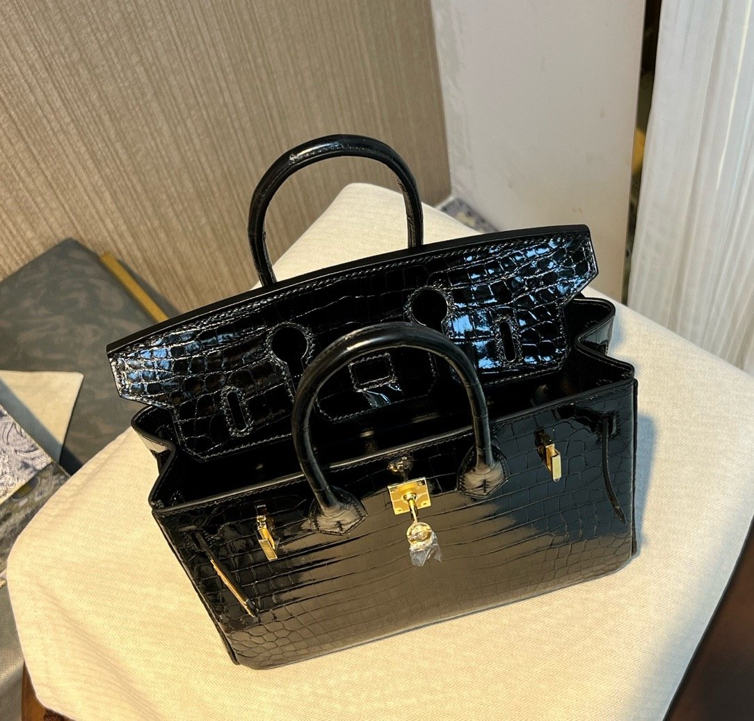BK 25 Black Gold High Gloss Crocodile Hermès Handbag