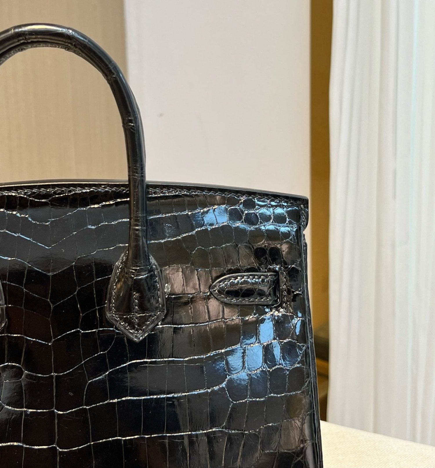 BK 25 Black Gold High Gloss Crocodile Hermès Handbag