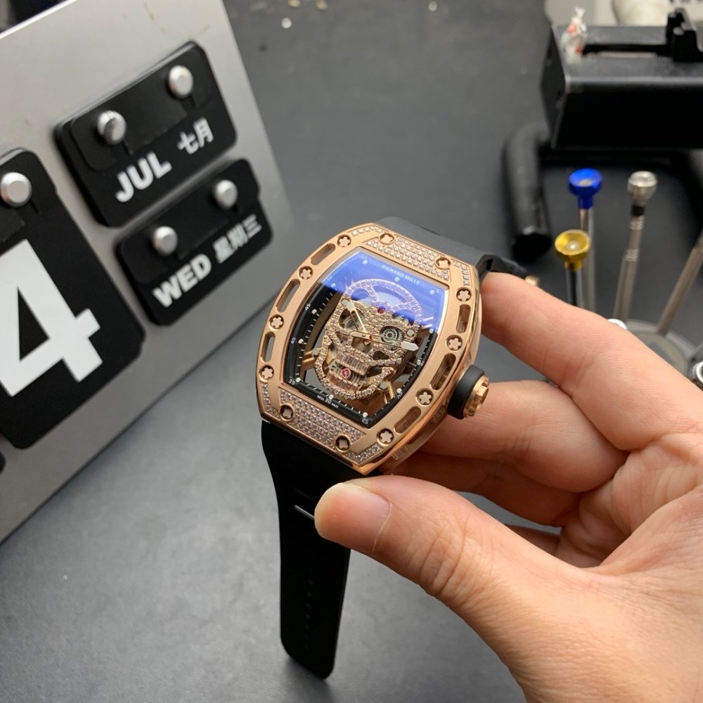 Richard Mille RM 052 Men Automatic Diamonds Skull Dial Watch Stainless Steel