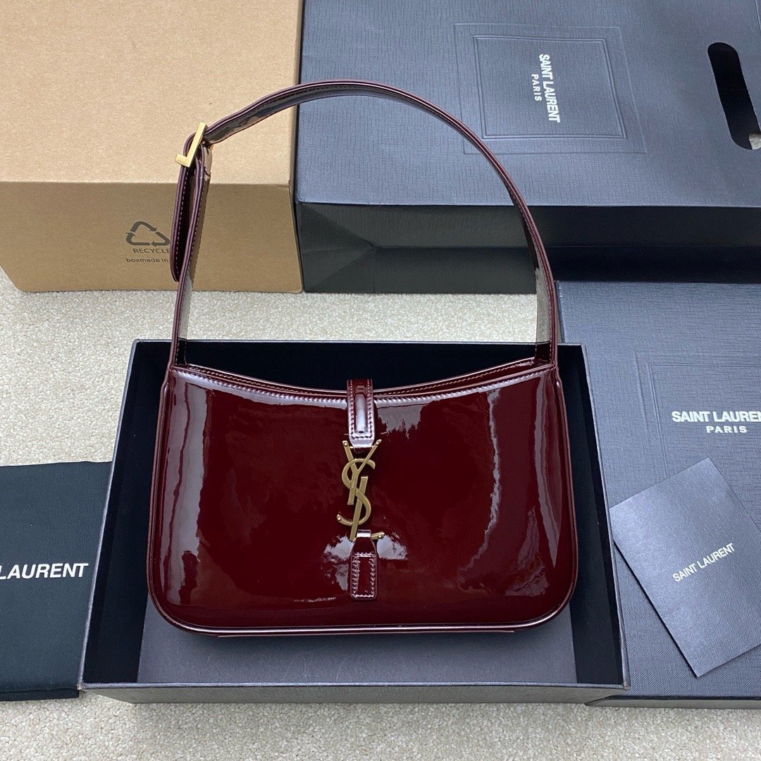 2024 Spring and Summer New Patent Leather Underarm Bag! Le5A7 Bag Hobo Bag Patent Leather Burgundy/Gold 657228