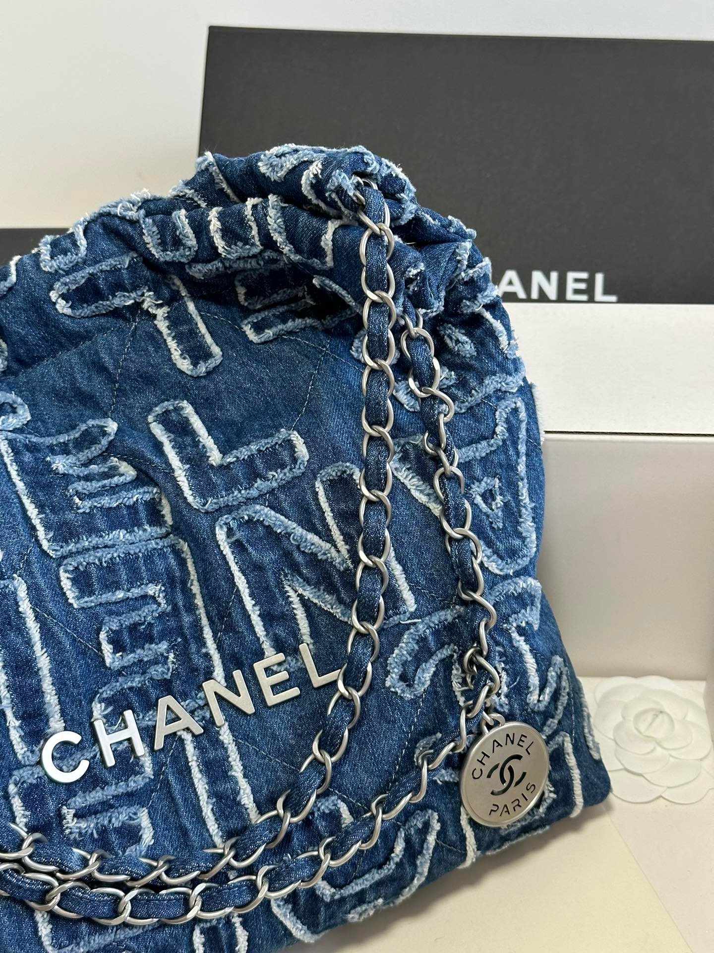 Chanel 24A 22Bag medium denim garbage bag AS3261W1080