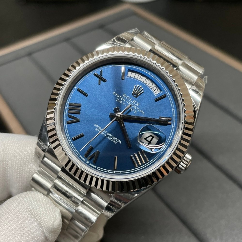 Rolex Day-Date 228206 Blue Roman Dial Steel White Gold Swiss Clone Movement