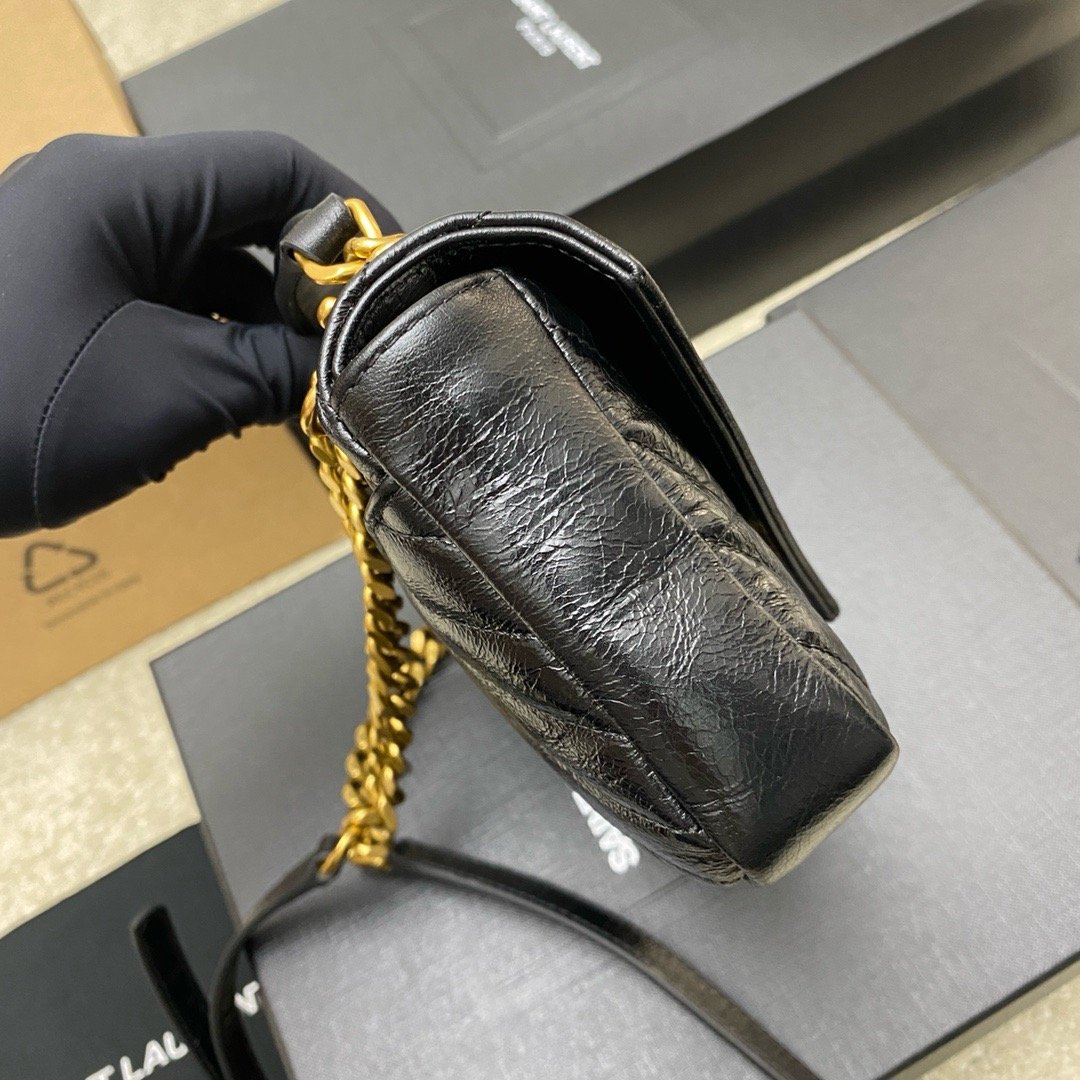 New College Shiny Cracked Mini Messenger Bag Waxed Black Leather/Antique Gold 779430