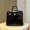 BK 25 Black Gold High Gloss Crocodile Hermès Handbag