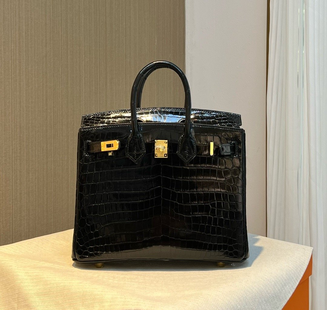 BK 25 Black Gold High Gloss Crocodile Hermès Handbag