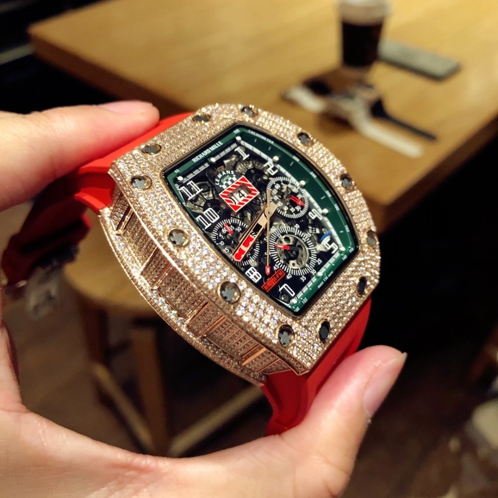 Richard Mille RM011 Men Mechanical Diamond Bezel Rubber Band Watch