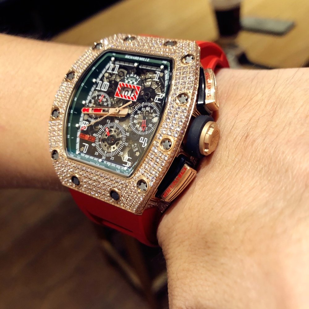 Richard Mille RM011 Men Mechanical Diamond Bezel Rubber Band Watch