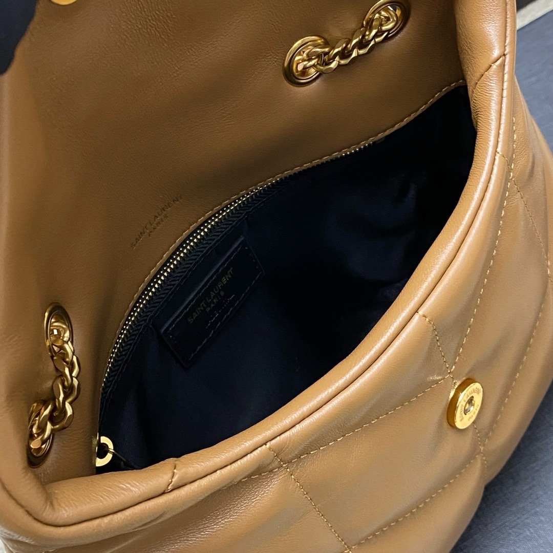 𝙇𝙤𝙪𝙇𝙤𝙪 𝙥𝙪𝙛𝙛𝙚𝙧～LOULOU PUFFER New Mini Double Chain Quilted Lambskin Bag Caramel Lambskin/Antique Gold 759337