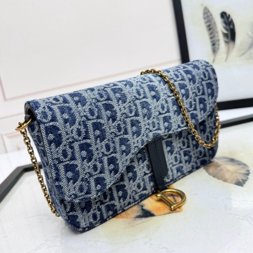 𝐃𝐢𝐨𝐫 Saddle chain handbag denim D fabric D6302