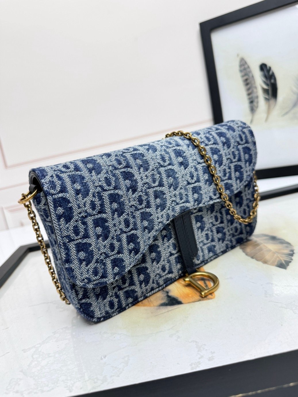 𝐃𝐢𝐨𝐫 Saddle chain handbag denim D fabric D6302