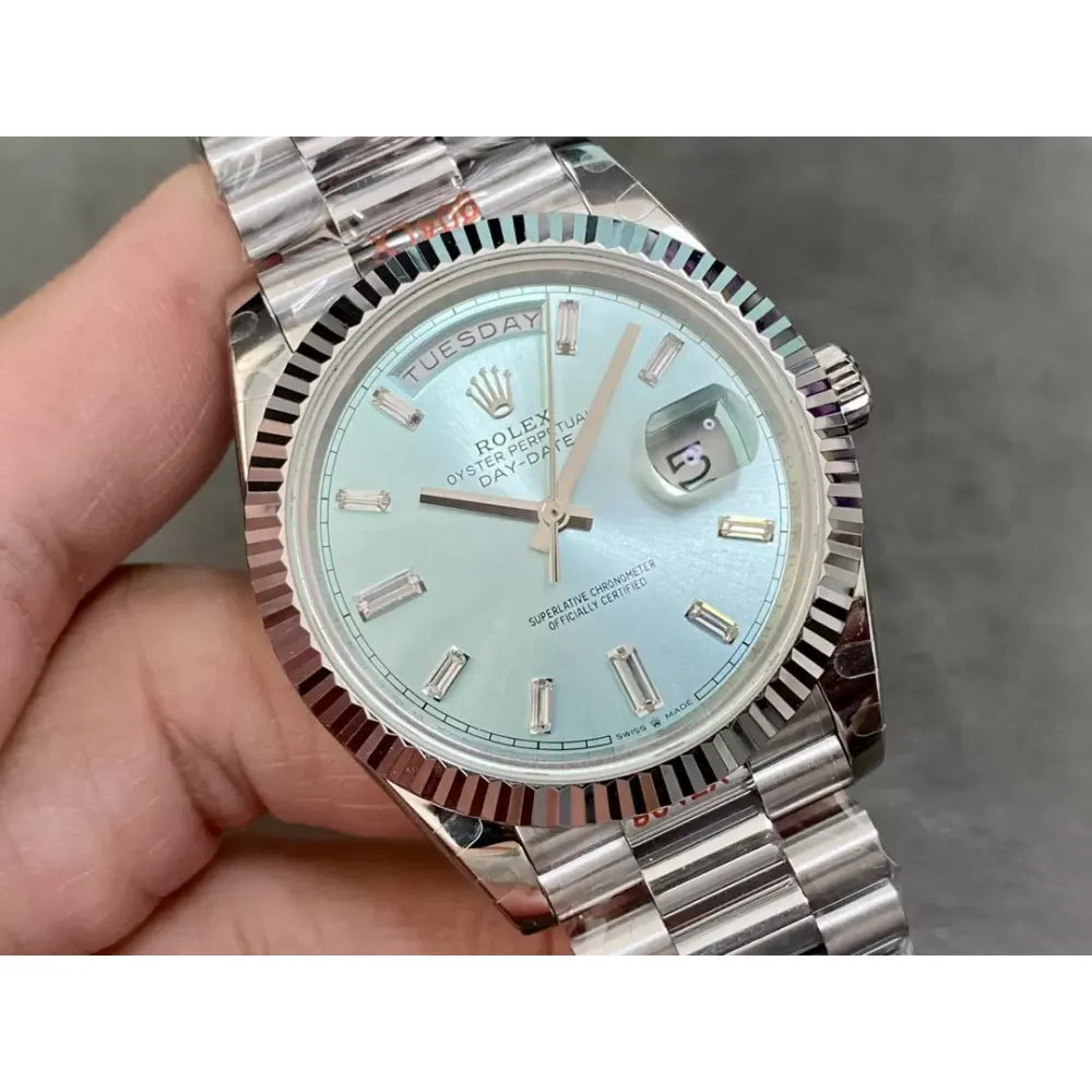 Rolex DayDate 228236 40mm GMF 1:1 Best Edition Ice Blue Dial Fluted Bezel on SS Bracelet A3255 or A2836 (Tungsten Heavy Version)