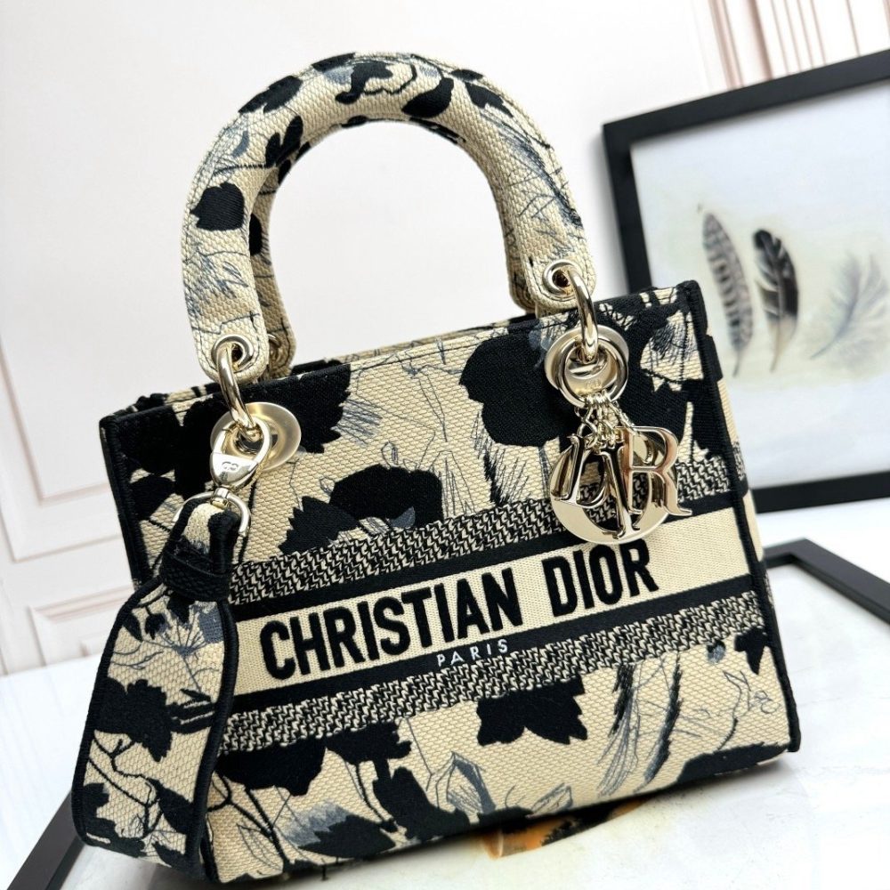 𝐃𝐢𝐨𝐫 𝐃-𝐋𝐈𝐓𝐄 handbag Black peony five-grid embroidery