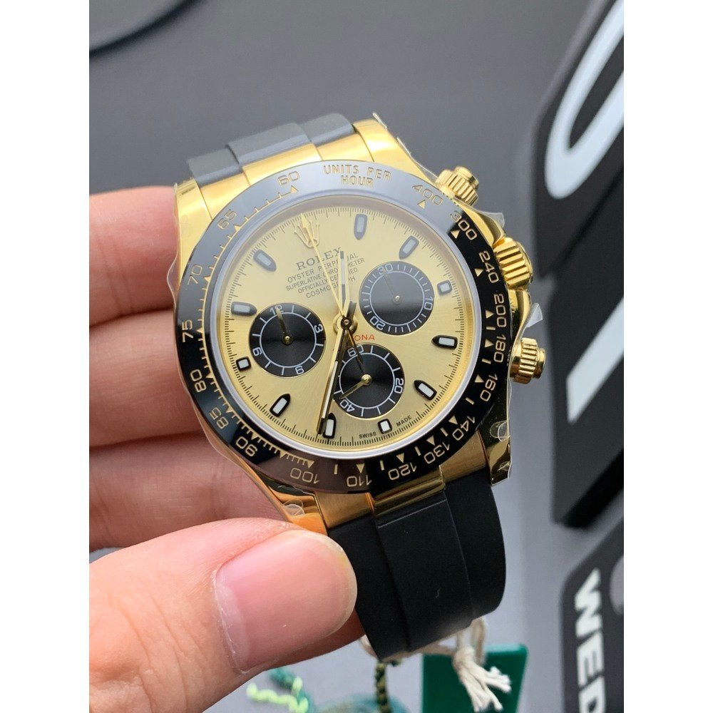 Rolex Daytona 116518LN Black Ceramic Bezel 18K Yellow Gold Dial Rubber Strap Swiss 4130 Movement