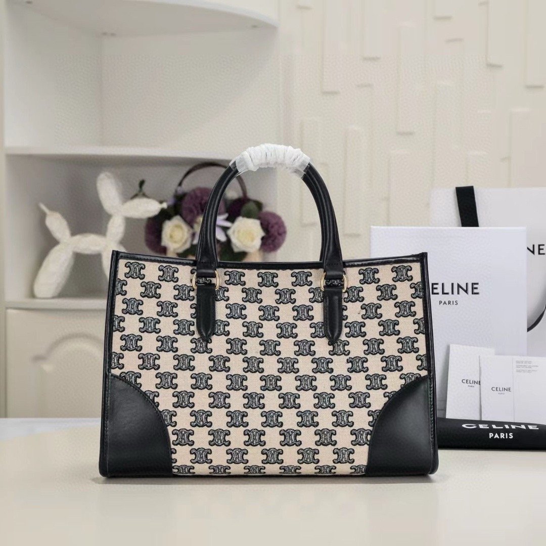 CABAS TRIOMPHE MINI HORIZONTAL BAG IN EMBROIDERED FABRIC AND COW LEATHER