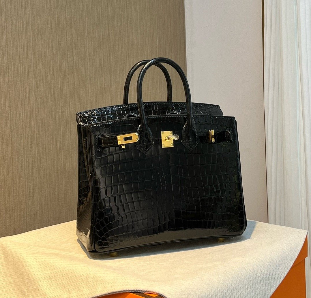BK 25 Black Gold High Gloss Crocodile Hermès Handbag