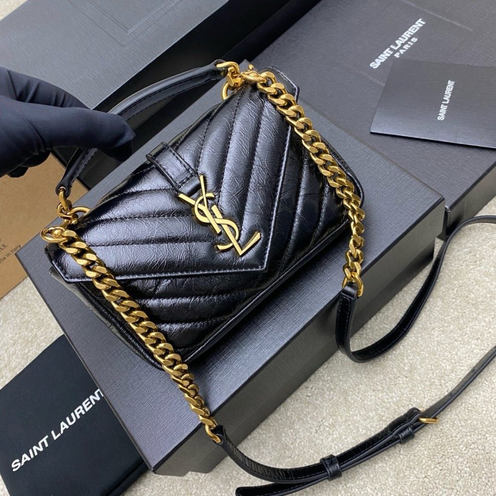 New College Shiny Cracked Mini Messenger Bag Waxed Black Leather/Antique Gold 779430