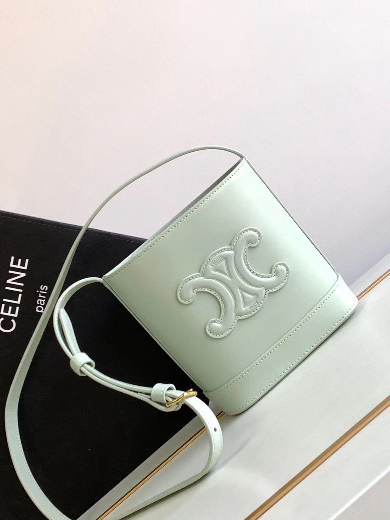 CEL1N_E CUIR TRIOMPHE Mini Smooth Cowhide Bucket Bag Light Green 19.5 X 16 X 7 cm