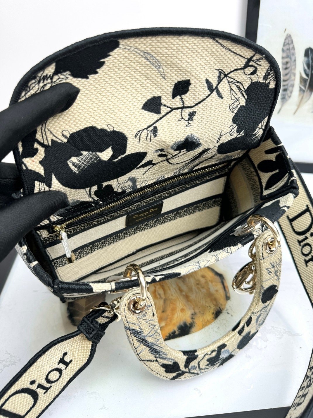 𝐃𝐢𝐨𝐫 𝐃-𝐋𝐈𝐓𝐄 handbag Black peony five-grid embroidery