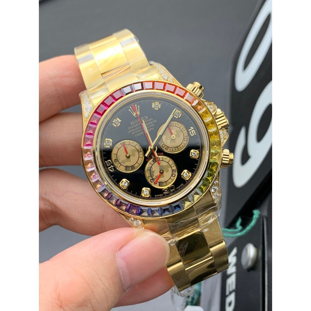 Rolex Daytona 116598 Rainbow Yellow Gold Diamond Black Dial Super Clone 4130