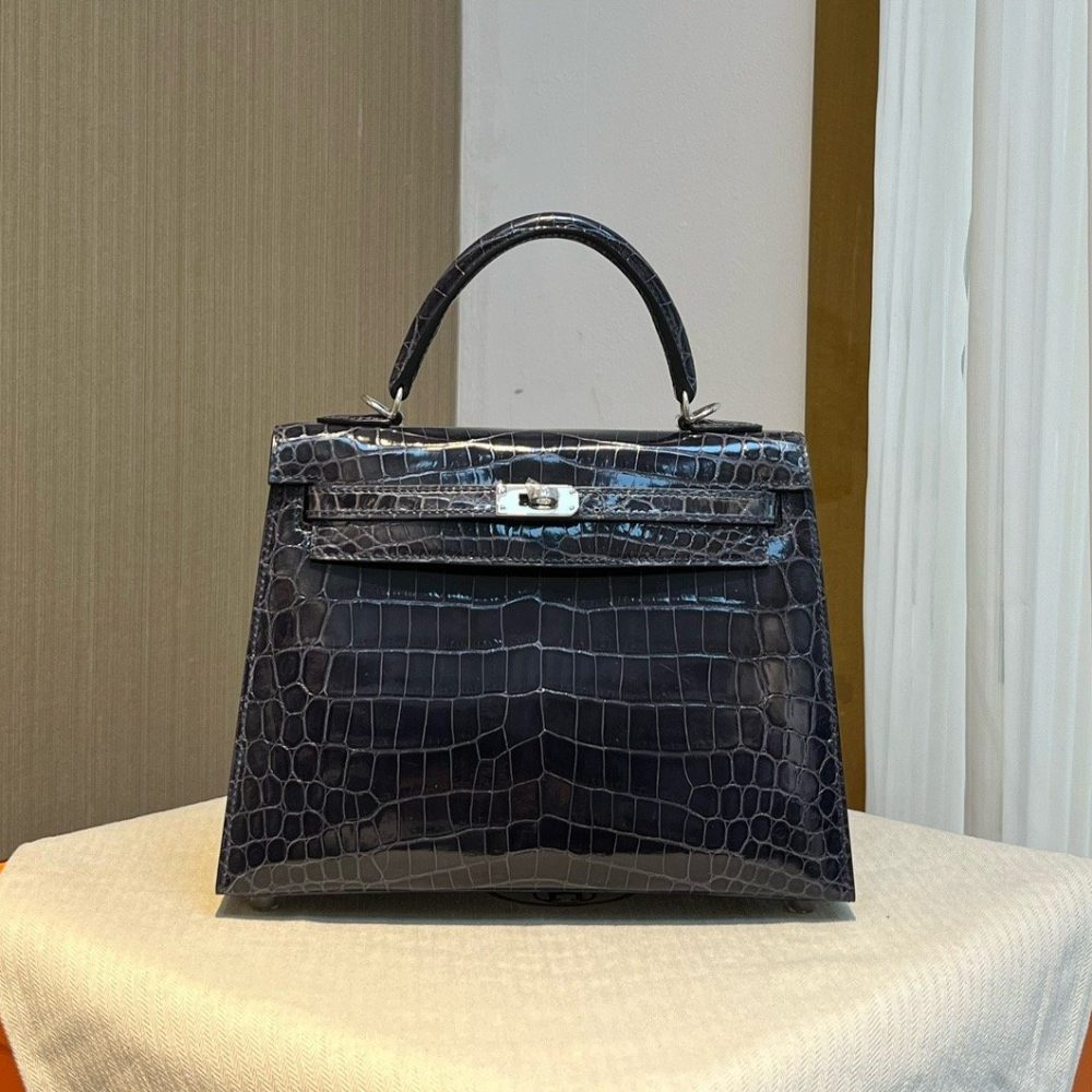 KL25 Midnight Blue High Gloss Silver Buckle Hermès Handbag