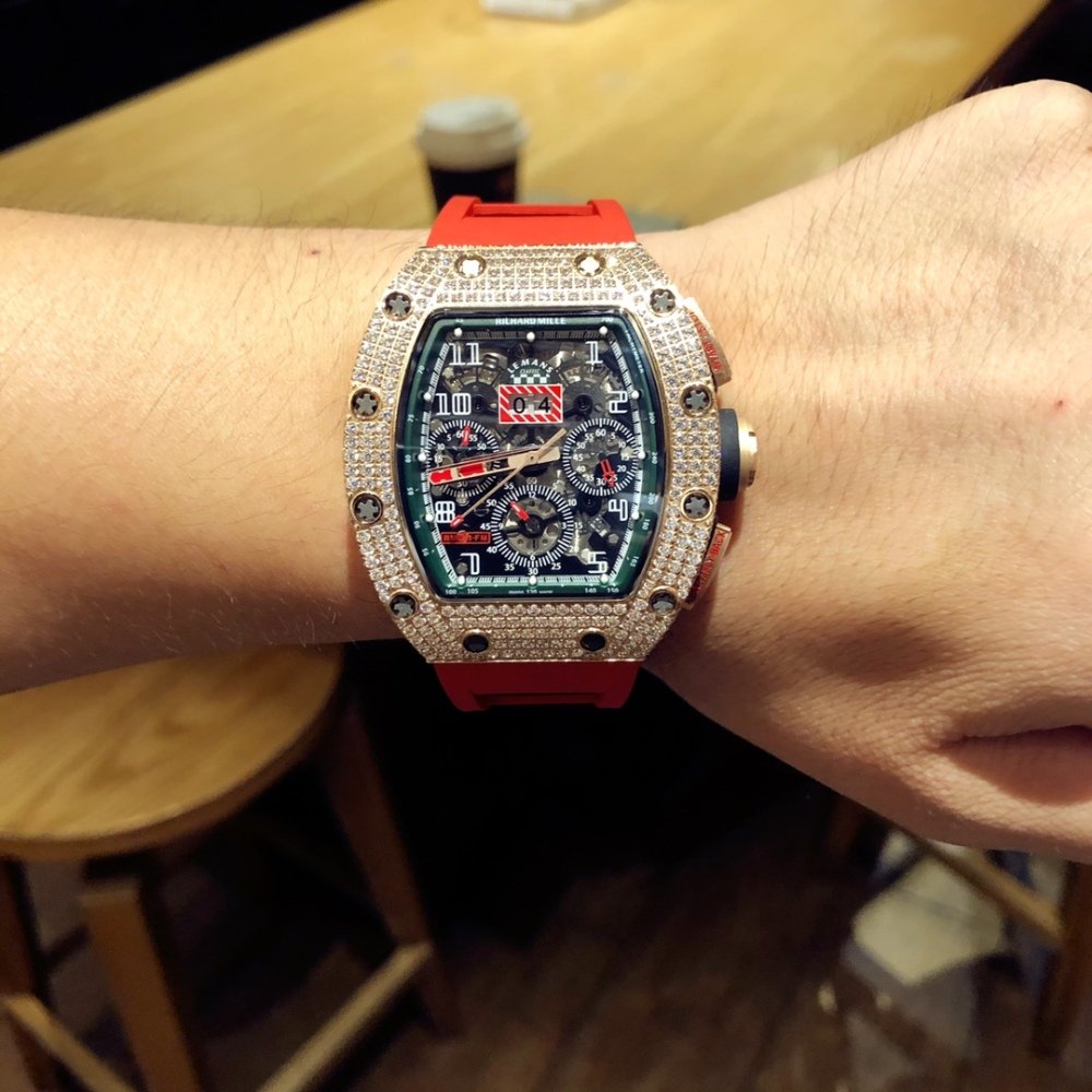 Richard Mille RM011 Men Mechanical Diamond Bezel Rubber Band Watch