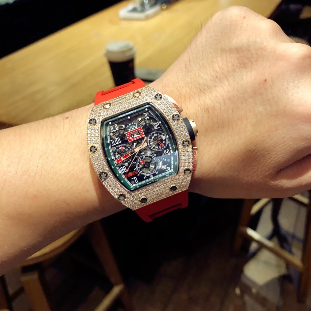 Richard Mille RM011 Men Mechanical Diamond Bezel Rubber Band Watch