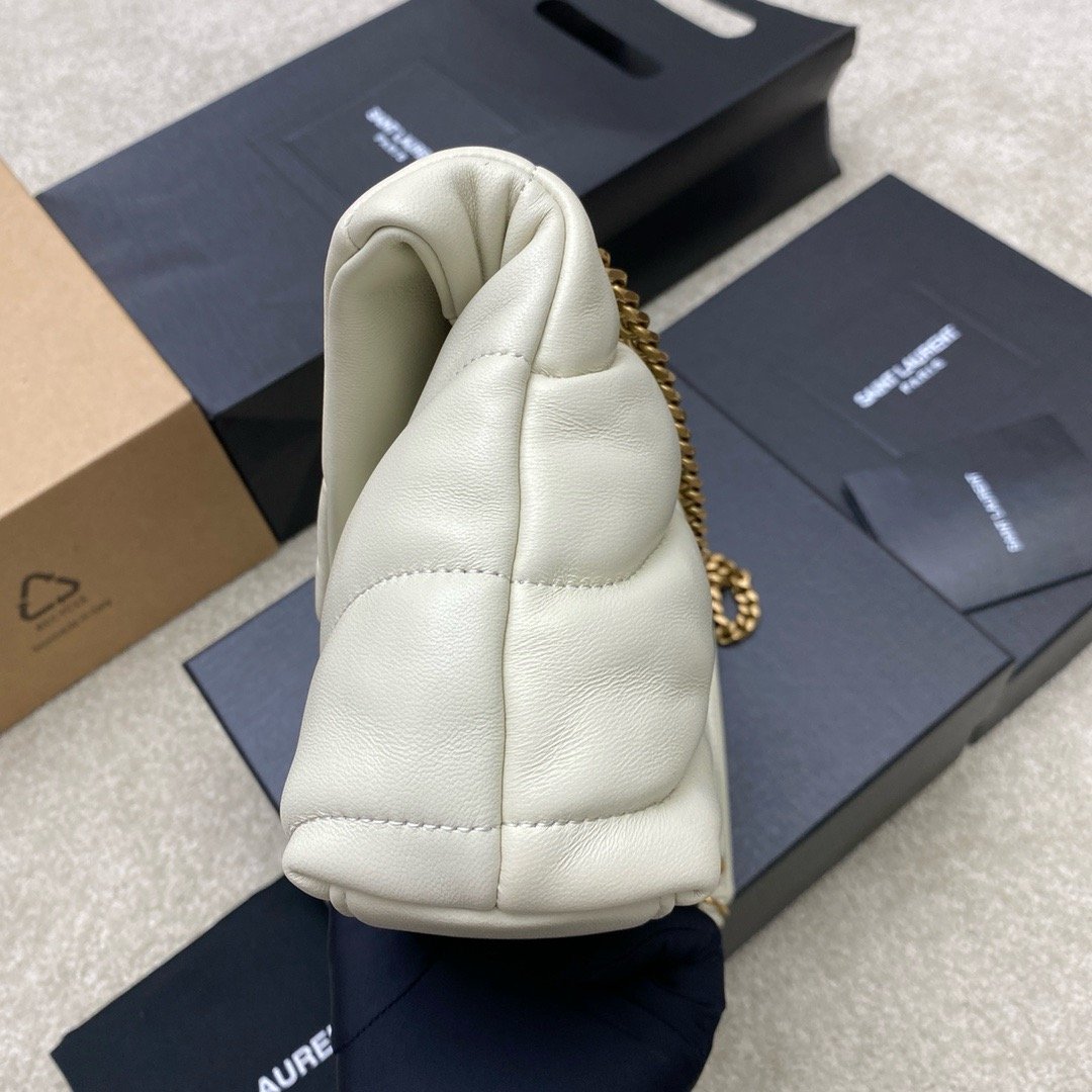 𝙇𝙤𝙪𝙇𝙤𝙪 𝙥𝙪𝙛𝙛𝙚𝙧～LOULOU PUFFER New Mini Double Chain Quilted Lambskin Bag Milk White Lambskin/Antique Gold 759337