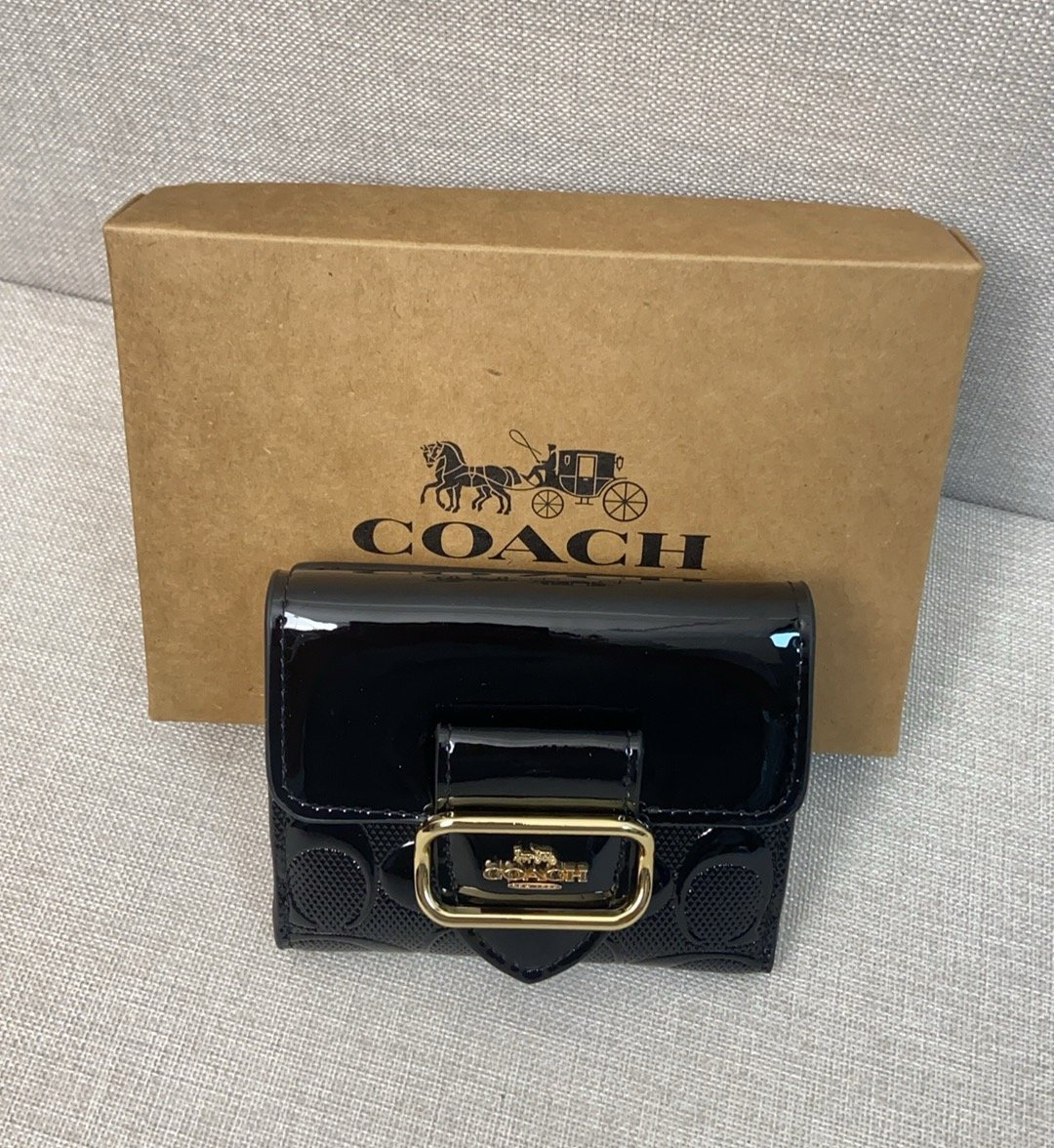 Coach September new signature logo patent leather premium leather wallet